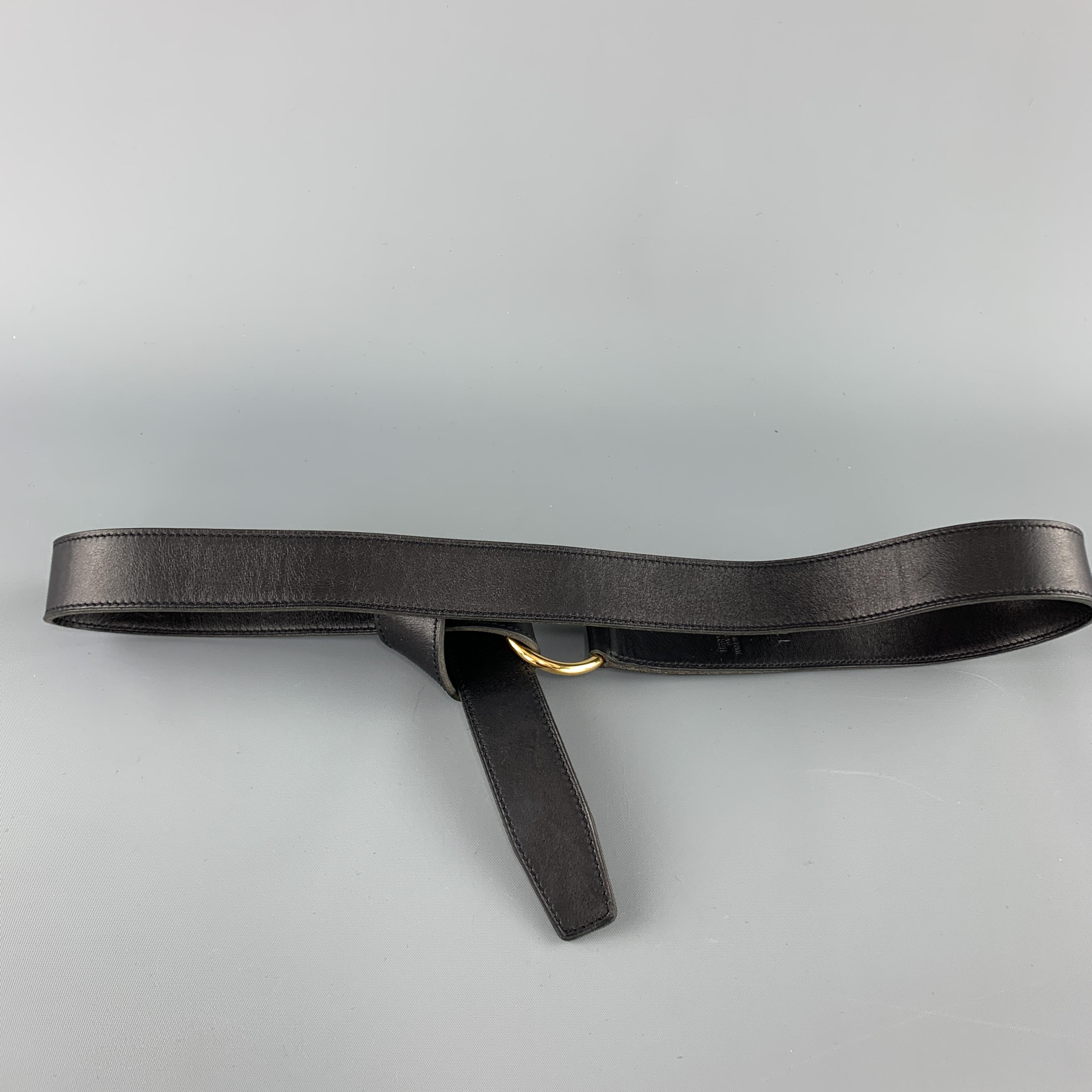 Women's HERMES Size M Black Leather Gold O Hoop Tie Belt