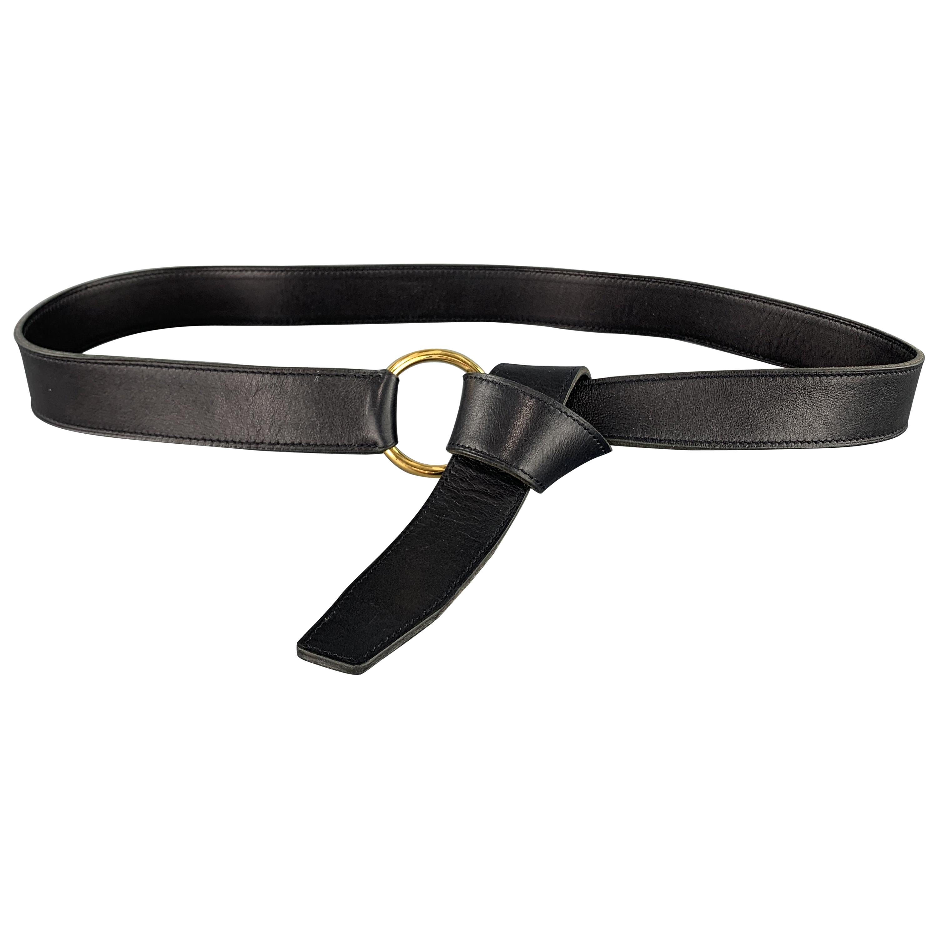 HERMES Size M Black Leather Gold O Hoop Tie Belt