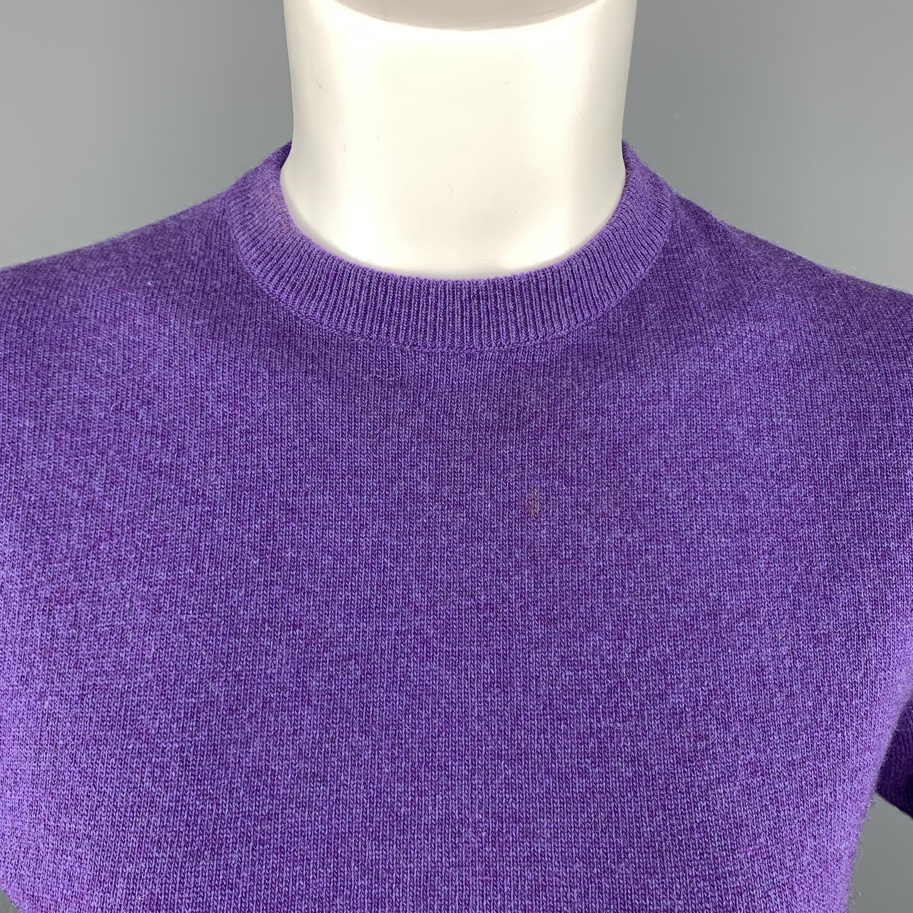 HERMES Pullover Sweater comes in a purple tone in a heather cashmere / viscose material, with a crewneck, short sleeves and ribbed cuffs and hem. Light mark at front. Made in Scotland.
 
Very Good Pre-Owned Condition.
Marked: M
 
Measurements:
