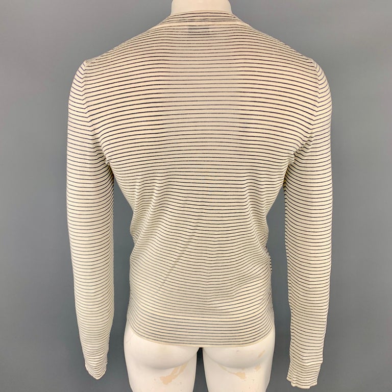 HERMES Size M Stripe Beige and Navy Wool Crew-Neck Pullover Sweater at