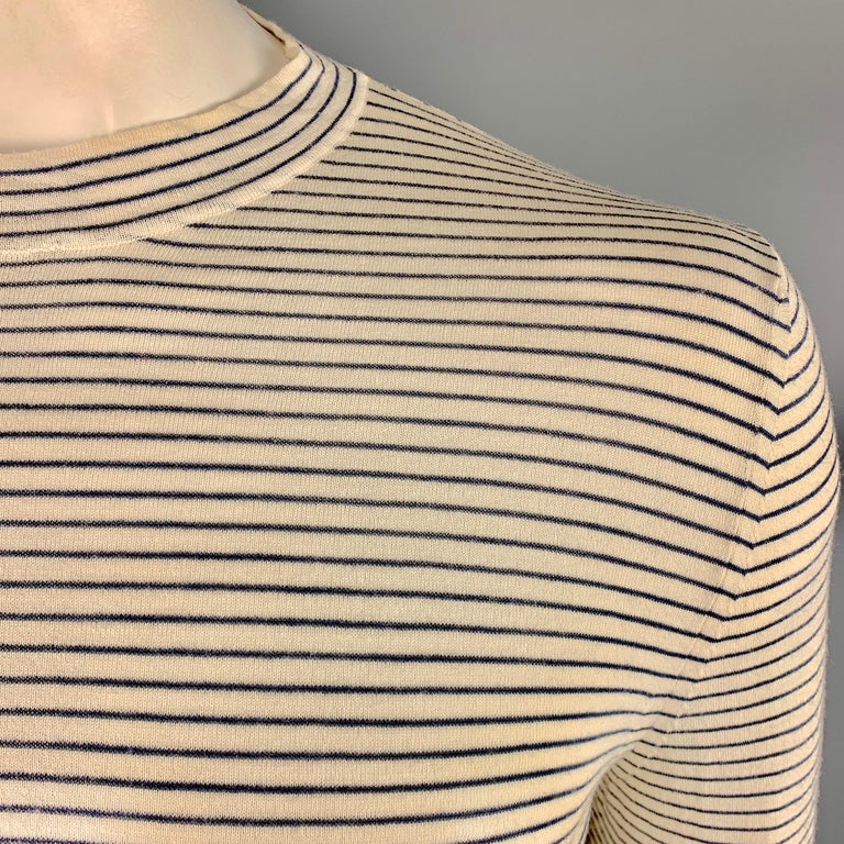 HERMES Size M Stripe Beige and Navy Wool Crew-Neck Pullover Sweater at