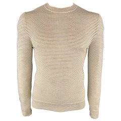 HERMES Size M Stripe Beige & Navy Wool Crew-Neck Pullover Sweater