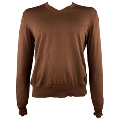 HERMES Size XL Brown Knitted Merino Wool V-Neck Pullover