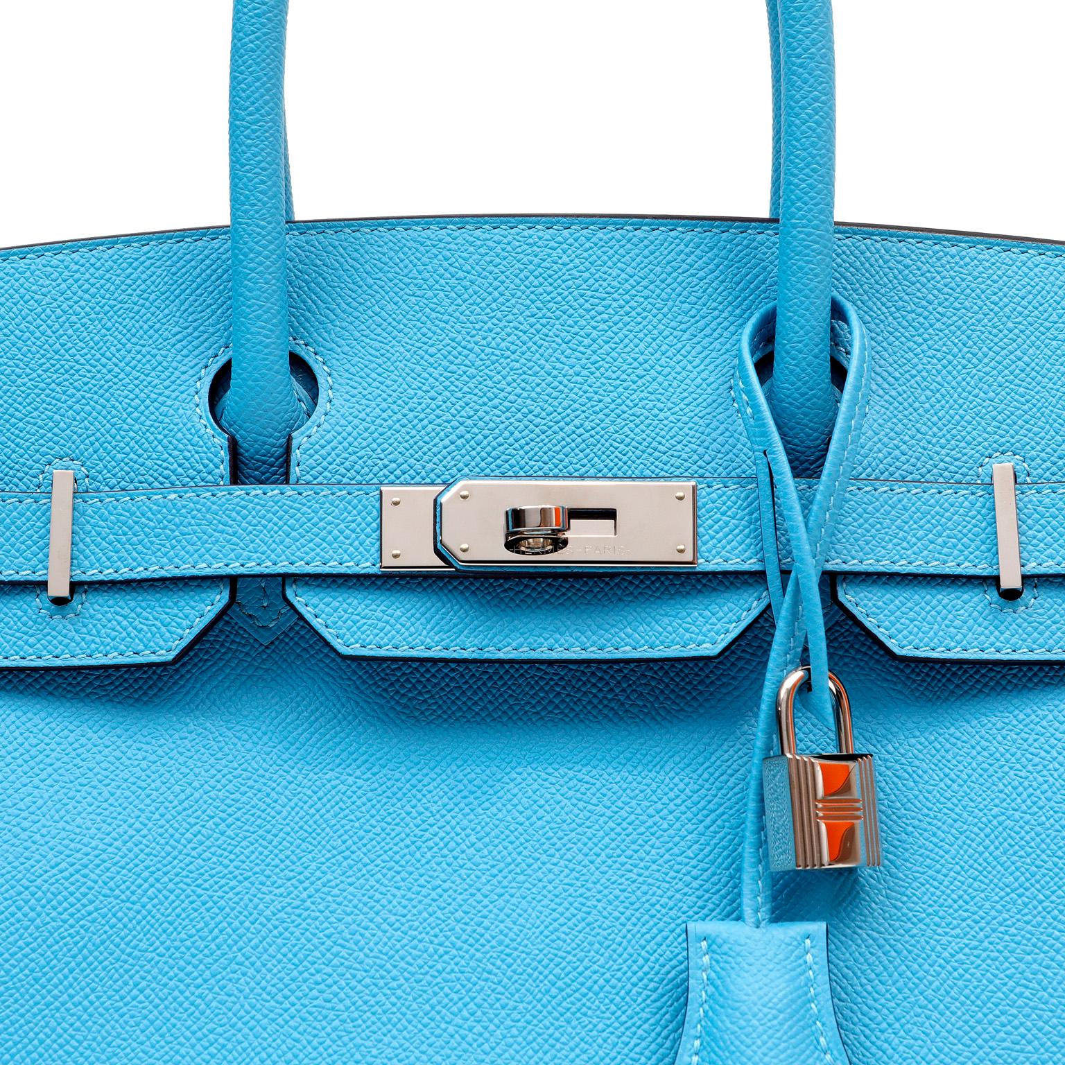 This authentic Hermès Sky Blue Epsom 30 cm Birkin is in pristine condition.  Hand sewn and coveted worldwide; the Hermès Birkin is considered the epitome of luxury handbags.  Vivid Cotton Candy Blue from the 2020 collection is perfectly paired with