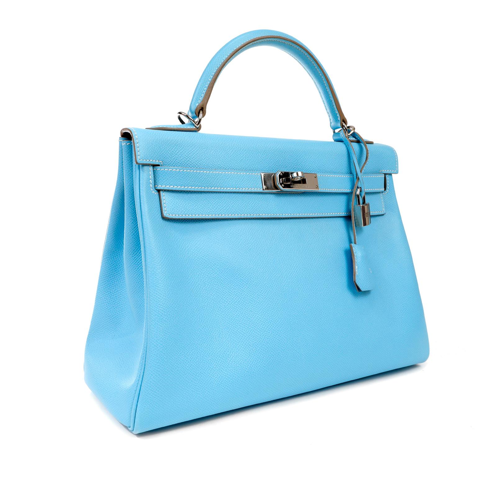 This authentic Hermès Sky Blue Epsom 32 cm Kelly is in excellent condition.     Hermès bags are considered the ultimate luxury item worldwide.  Each piece is handcrafted with waitlists that frequently exceed a year. The ladylike Kelly is classic and