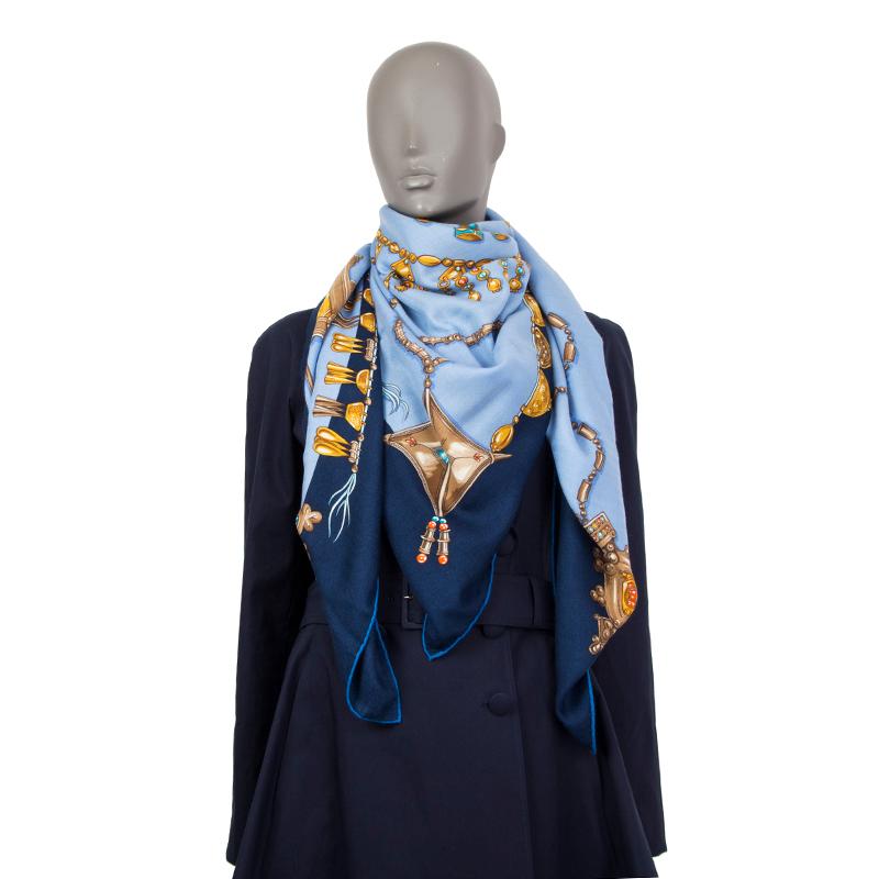 Gray HERMES sky blue PARURES DES SABLES 140 cashmere silk Shawl Scarf