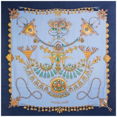 HERMES sky blue PARURES DES SABLES 140 cashmere silk Shawl Scarf