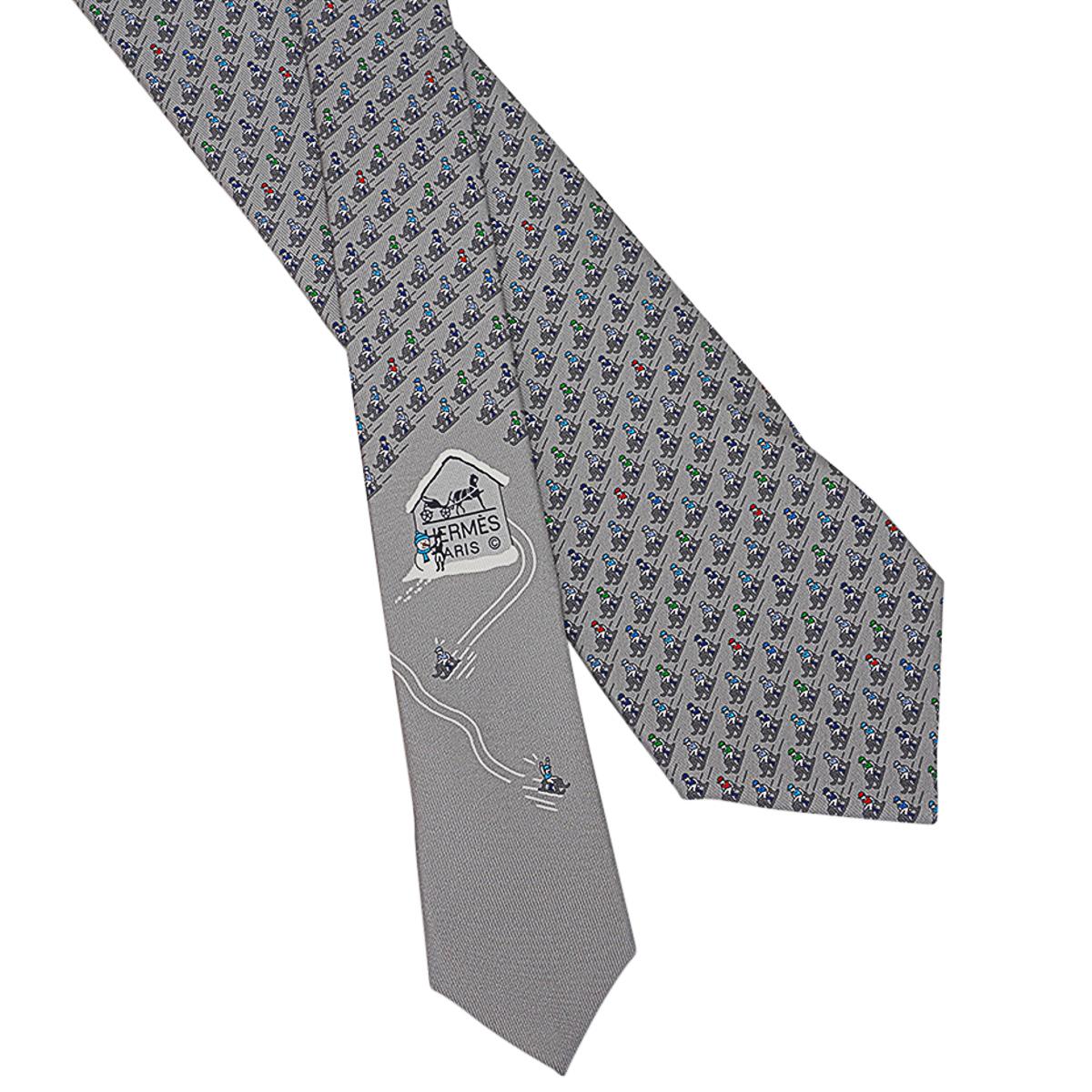 Hermes Slide Jockey Twillbi Krawatte Gris Anthrazit Blau (Grau) im Angebot