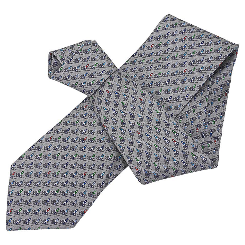 Hermes Slide Jockey Twillbi Krawatte Gris Anthrazit Blau im Angebot