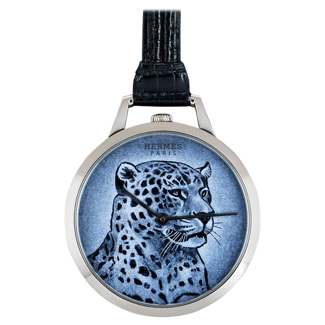 Hermes Slim Panthere Pocket Watch White Gold Blue Dial B&P EP2.990A