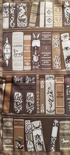 Hermès Small Silk Scarf Bibliothèque Bookshelf Print Brown Gavroche 42 Cm