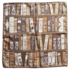 Hermès Small Silk Scarf Bibliothèque Bookshelf Print Brown Gavroche 42 Cm