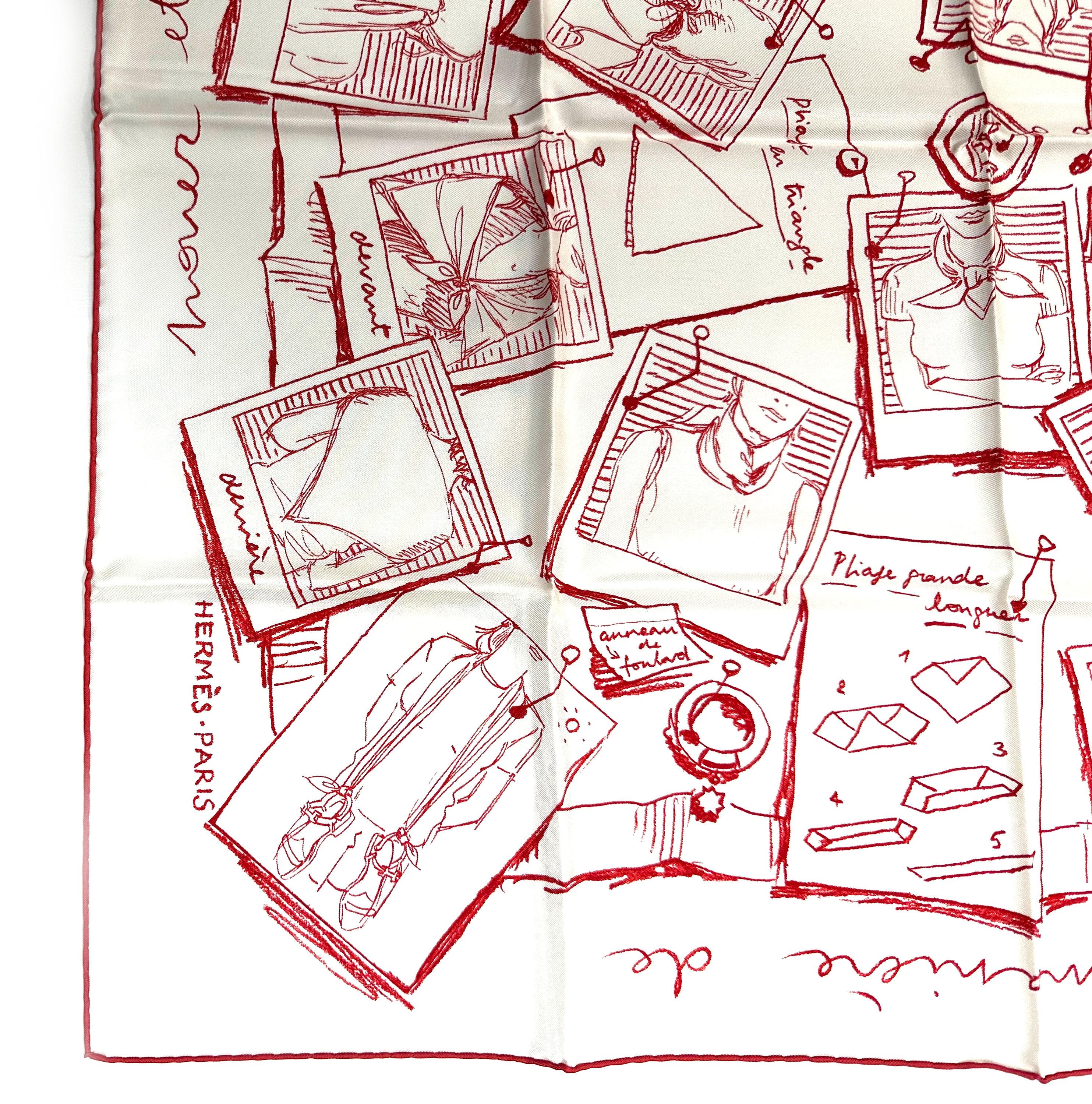 
Hermes Small Silk Scarf, Instructions sur l Art
Designed by Sophie de Seynes, red on a white ground.
26 by 26 in.