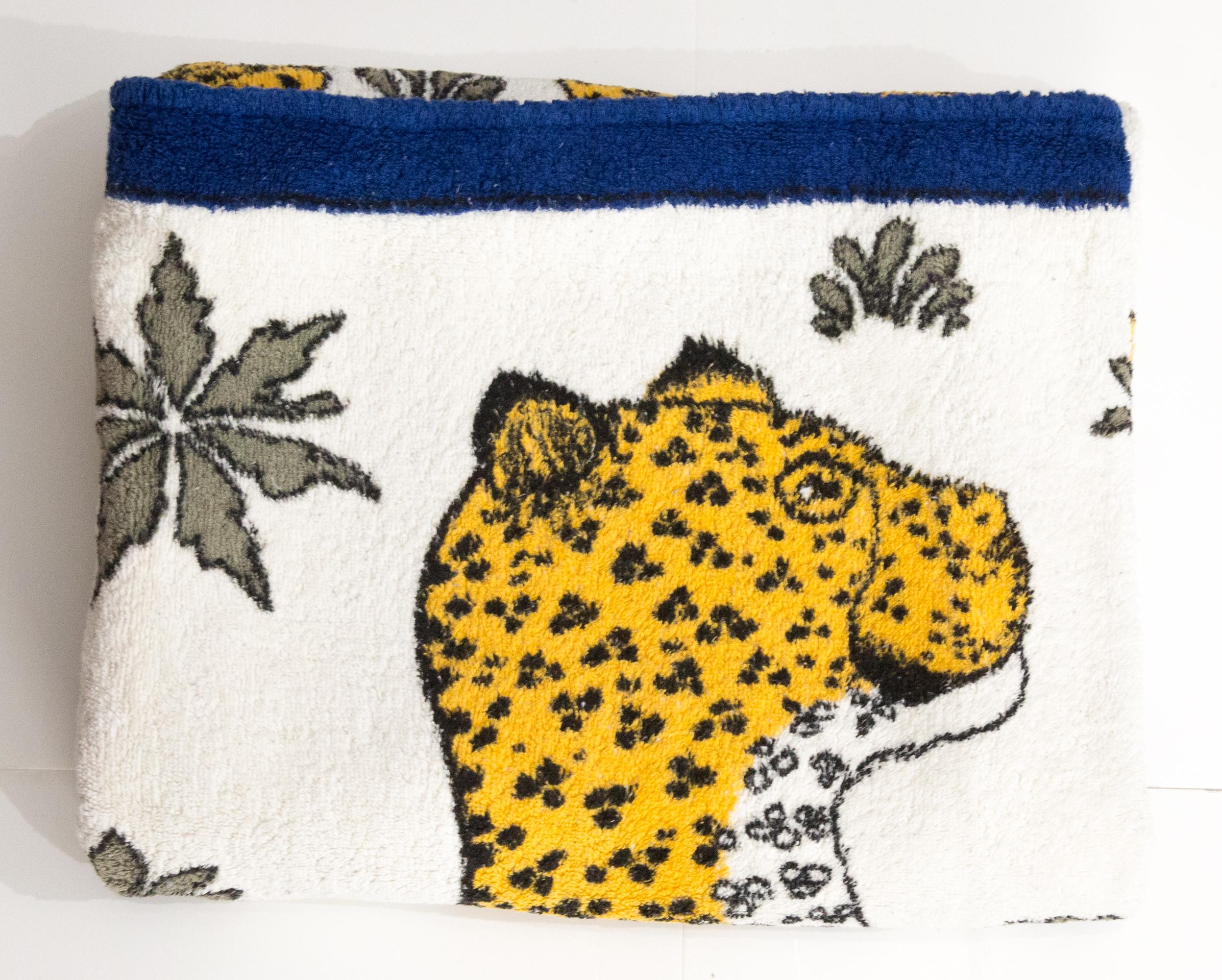 Beige Hermes Small Size Blue Cotton Beach Towel Leopards by C. Vauzelles For Sale