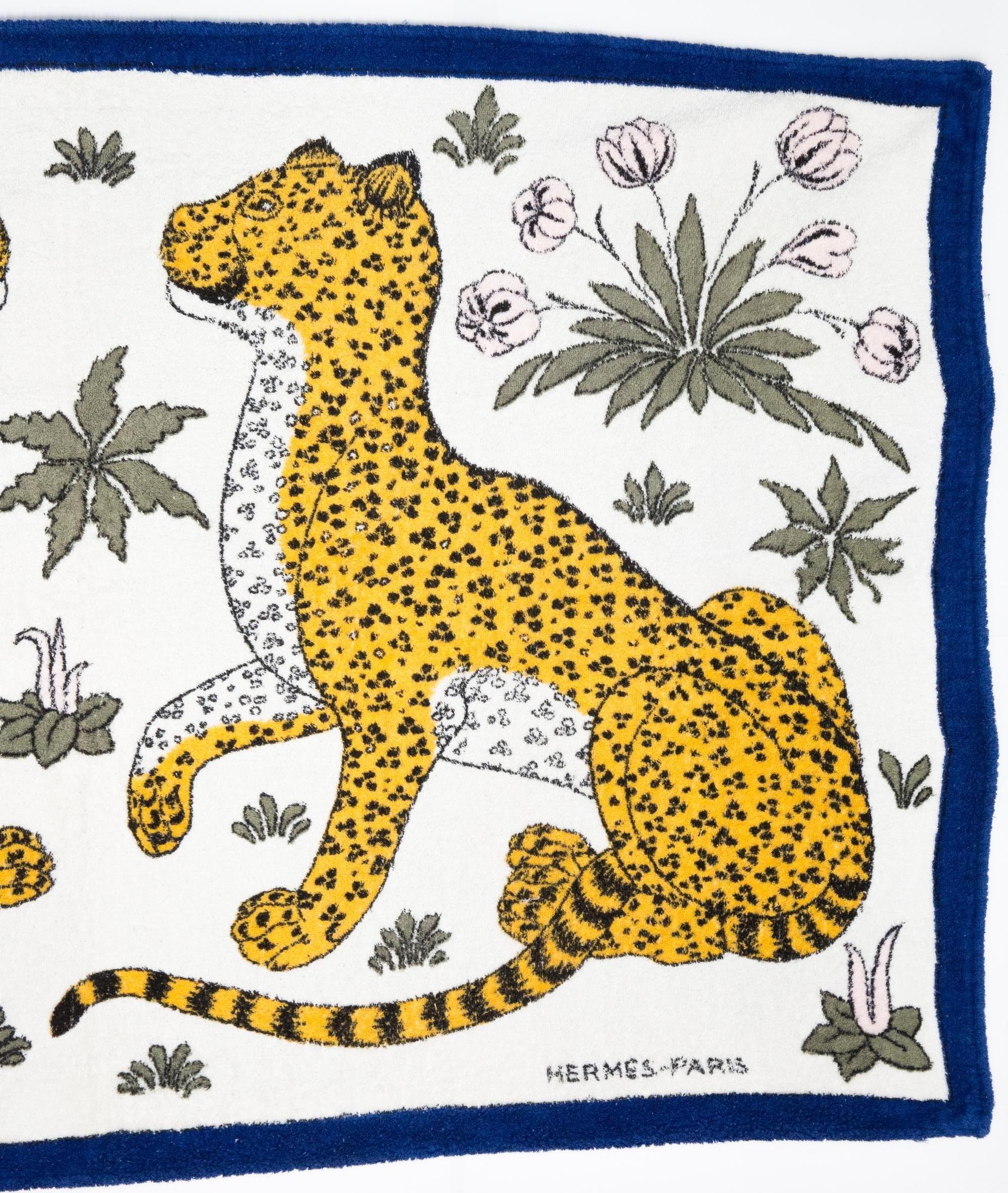 Women's or Men's Hermes Small Size Blue Cotton Beach Towel Leopards by C. Vauzelles For Sale
