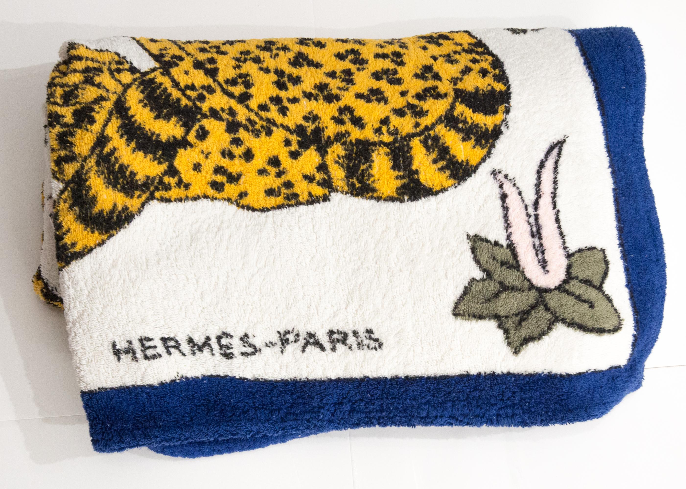 Hermes Small Size Blue Cotton Beach Towel Leopards by C. Vauzelles For Sale 2