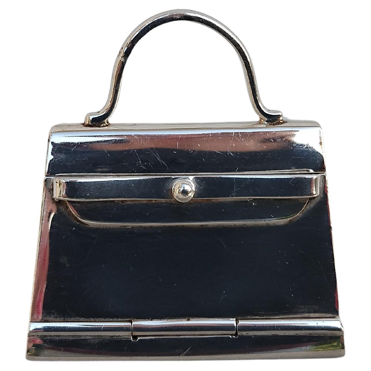 Blue Hermès Smallest Kelly Bag Pill Box Sterling Silver with Mirror