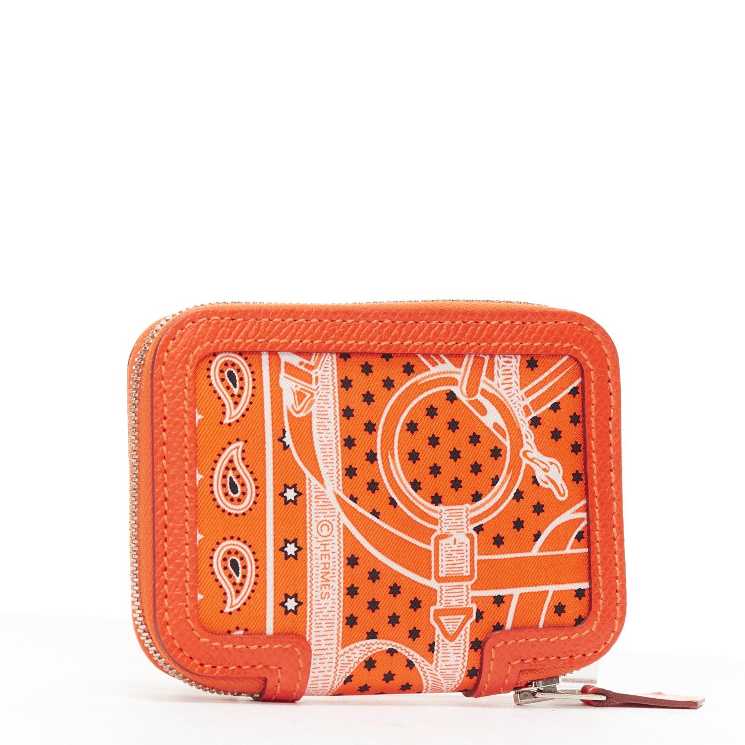 Orange HERMES Soie Cool orange paisley print silk leather zip around wallet