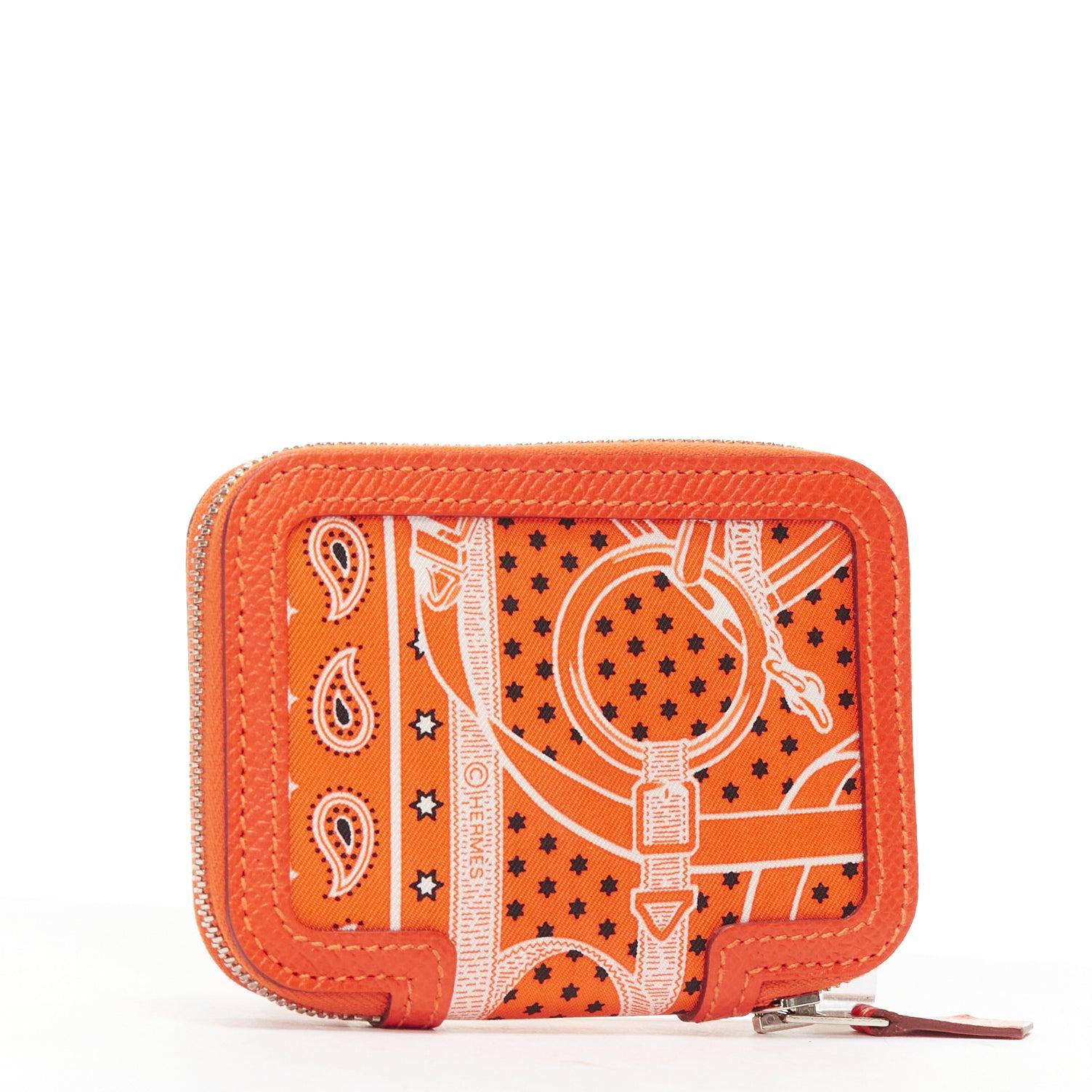 HERMES Soie Cool orange paisley print silk leather zip around wallet In Excellent Condition For Sale In Hong Kong, NT
