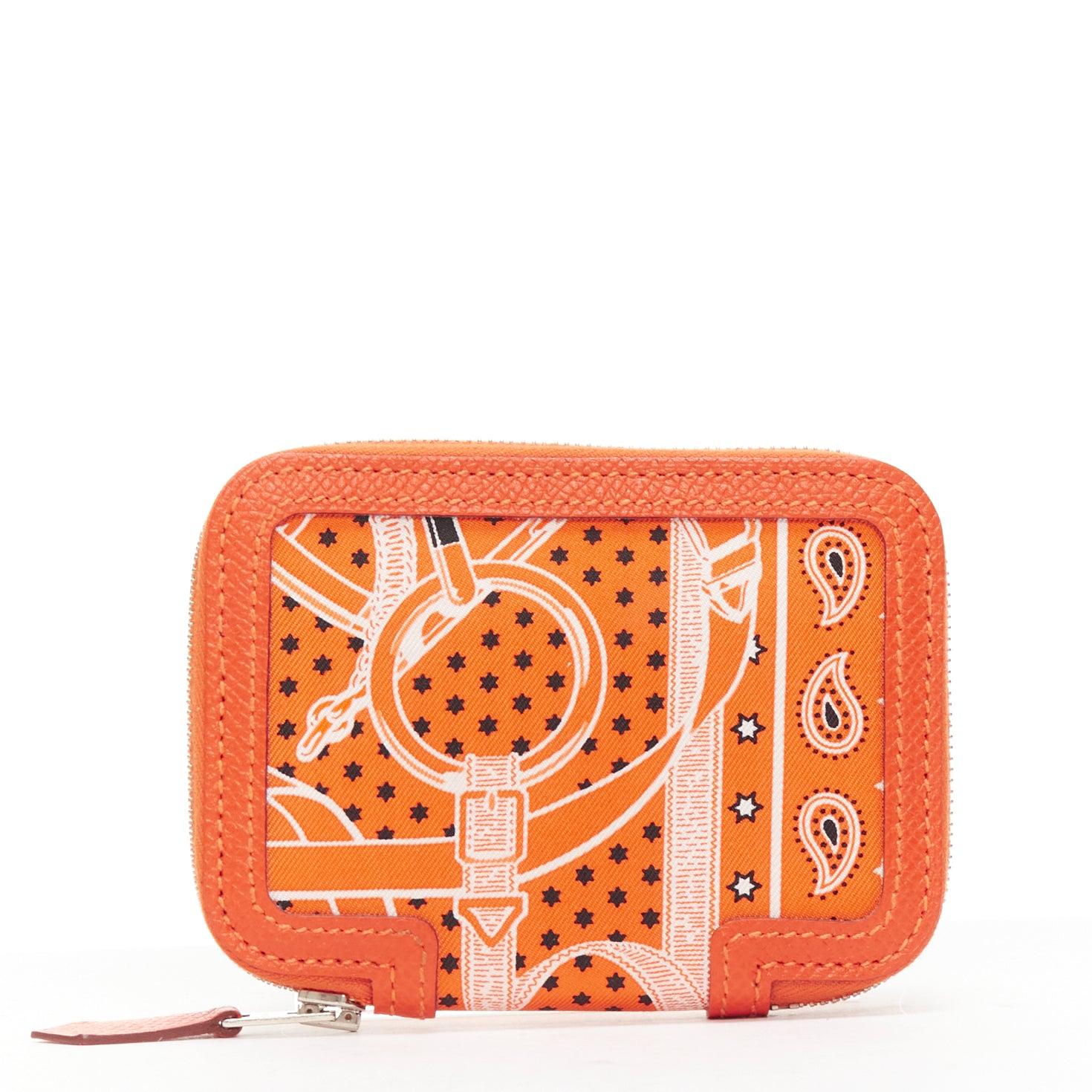 HERMES Soie Cool orange paisley print silk leather zip around wallet In Excellent Condition In Hong Kong, NT
