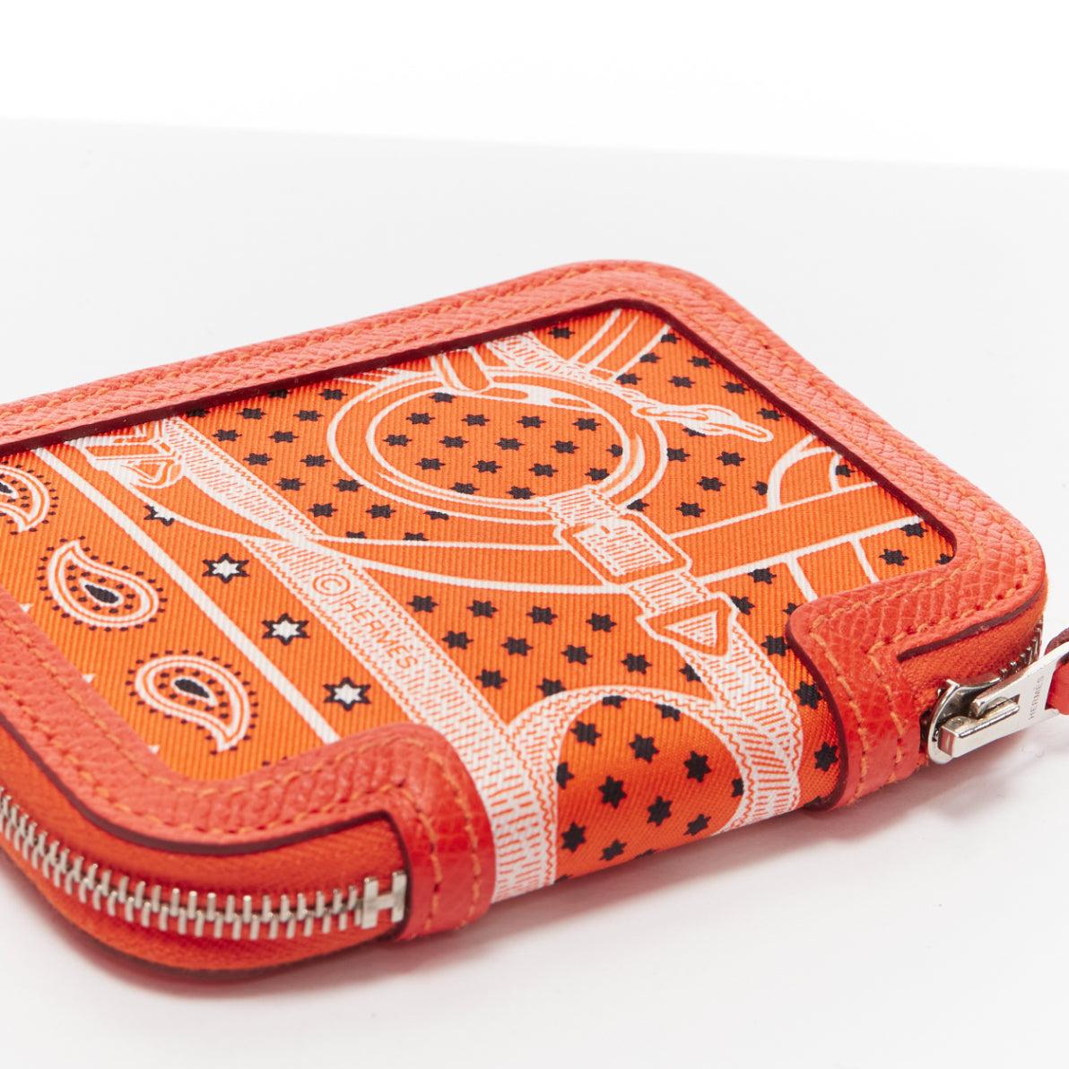 HERMES Soie Cool orange paisley print silk leather zip around wallet For Sale 1