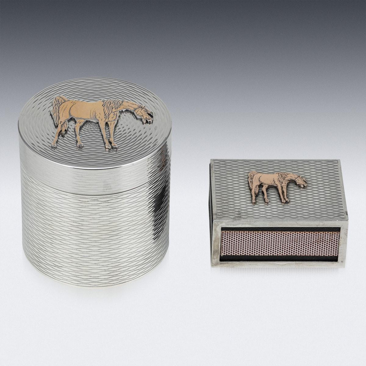 A Vintage mid-20th Century Hermes cigarette box and matchbox holder crafted from solid silver, adorned with exquisite gold horse detailing. This exceptional set, dating back to 1960, epitomises luxury in smoking accessories. Consisting of a circular