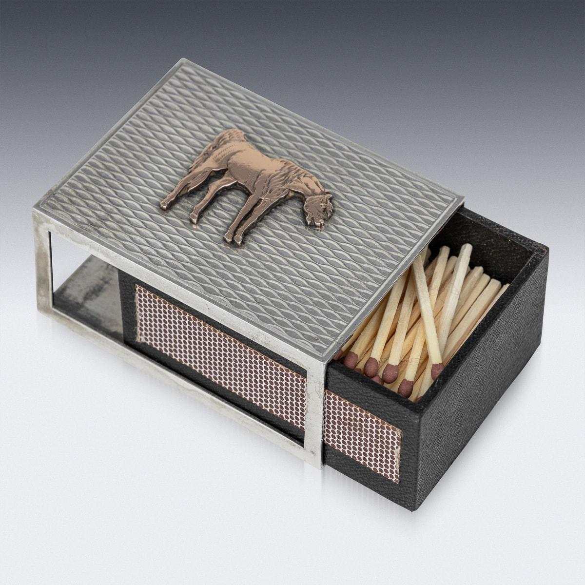 Mid-Century Modern Hermes Solid Silver Cigarette Box & Matchbox With Gold Horse Detail c.1960 For Sale