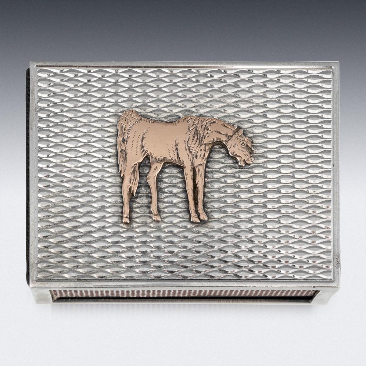 French Hermes Solid Silver Cigarette Box & Matchbox With Gold Horse Detail c.1960 For Sale