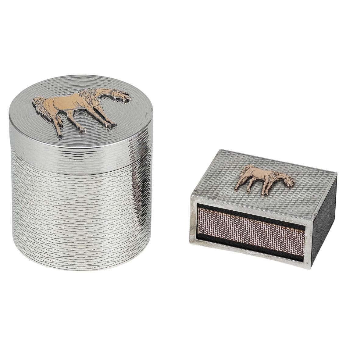 Hermes Solid Silver Cigarette Box & Matchbox With Gold Horse Detail c.1960 For Sale