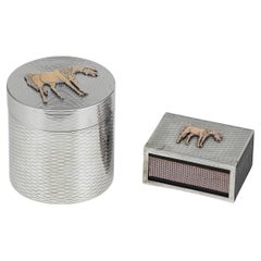 Retro Hermes Solid Silver Cigarette Box & Matchbox With Gold Horse Detail c.1960