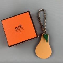 HERMES Solid Tan & Green Leather Pear Sterling Silver Key Chain