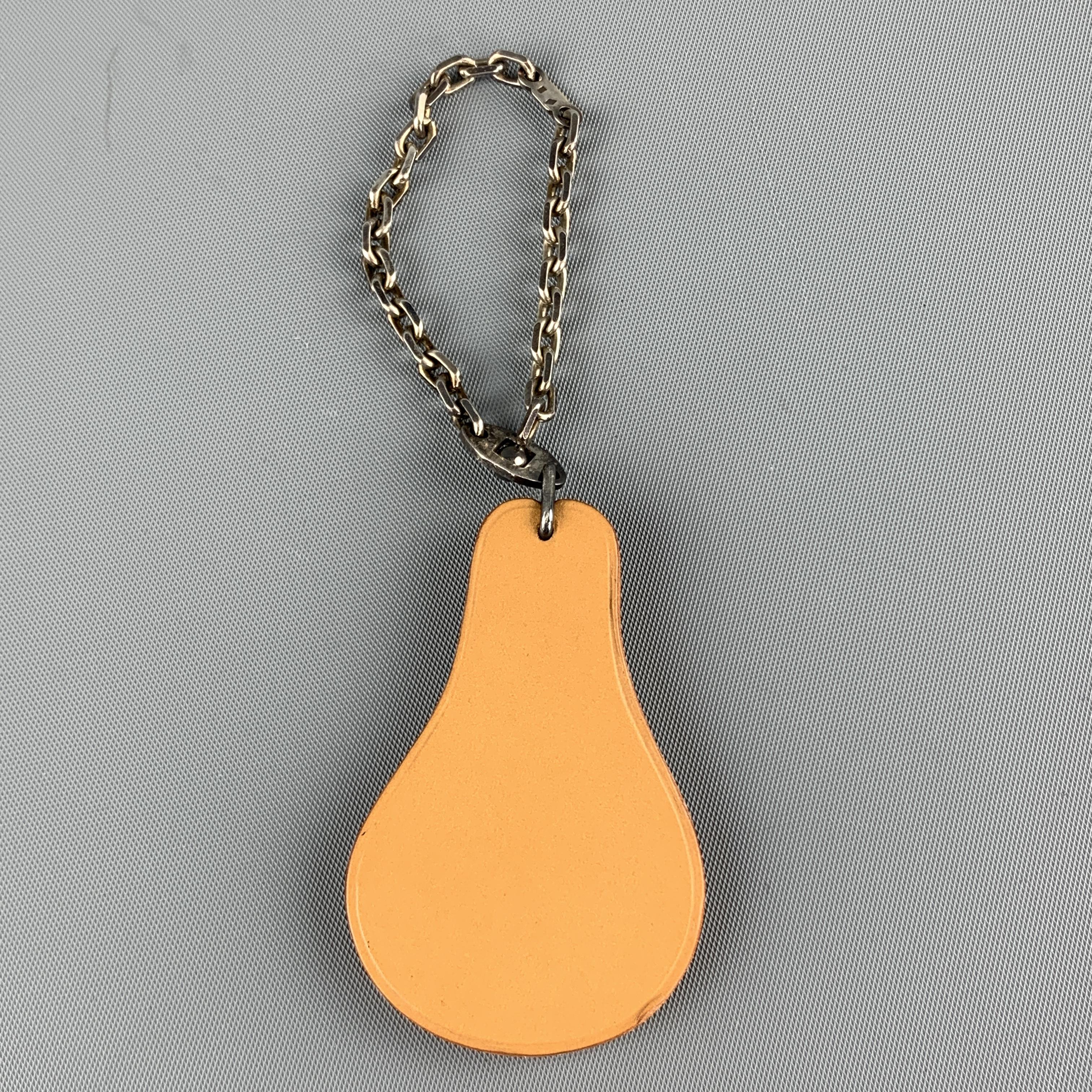 HERMES Solid Tan & Green Leather Pear Sterling Silver Key Chain In Good Condition In San Francisco, CA