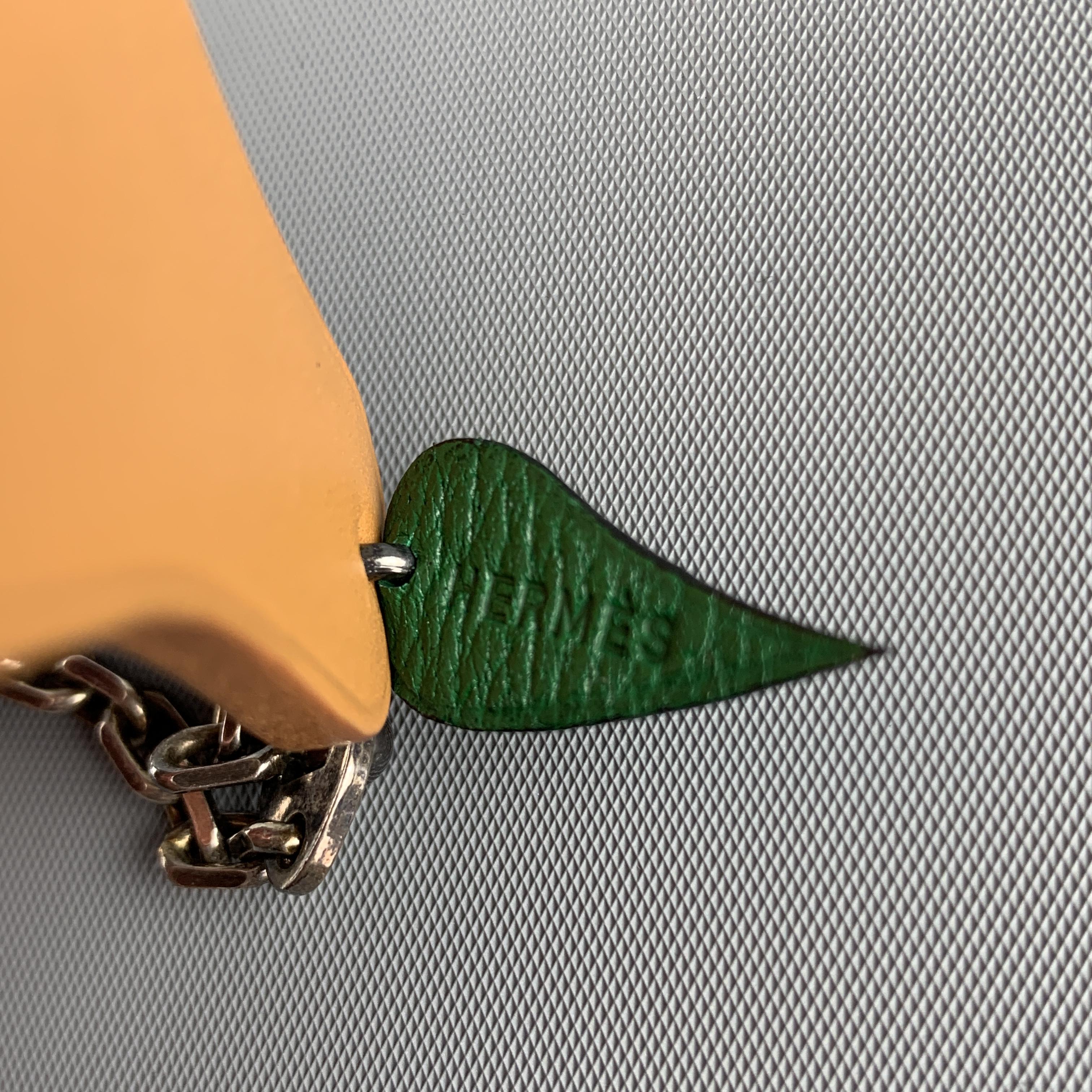 Women's or Men's HERMES Solid Tan & Green Leather Pear Sterling Silver Key Chain