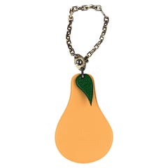 HERMES Solid Tan & Green Leather Pear Sterling Silver Key Chain