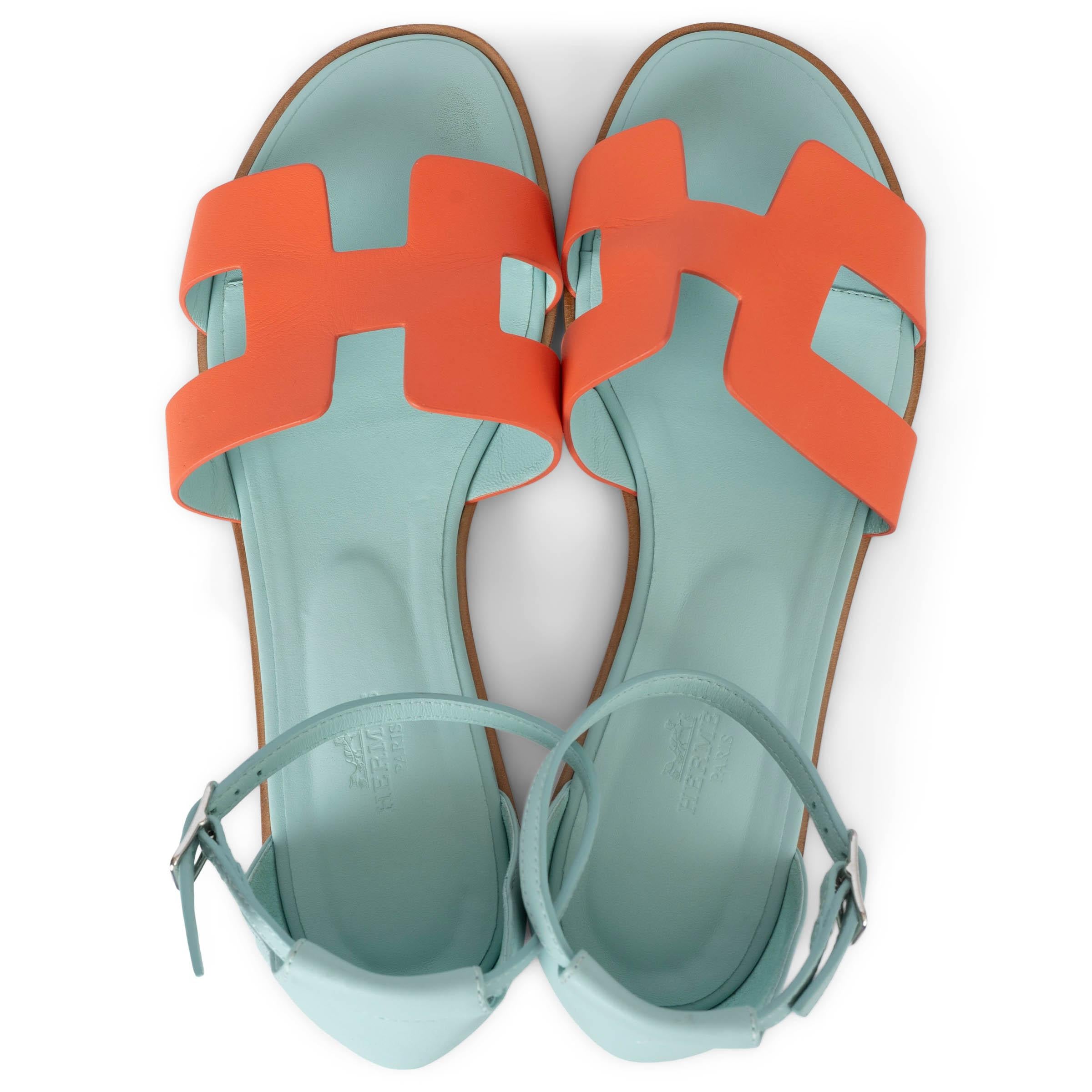 Women's HERMES Sorbet orange & Ebrun leather SANTORINI Sandals Shoes 38 For Sale