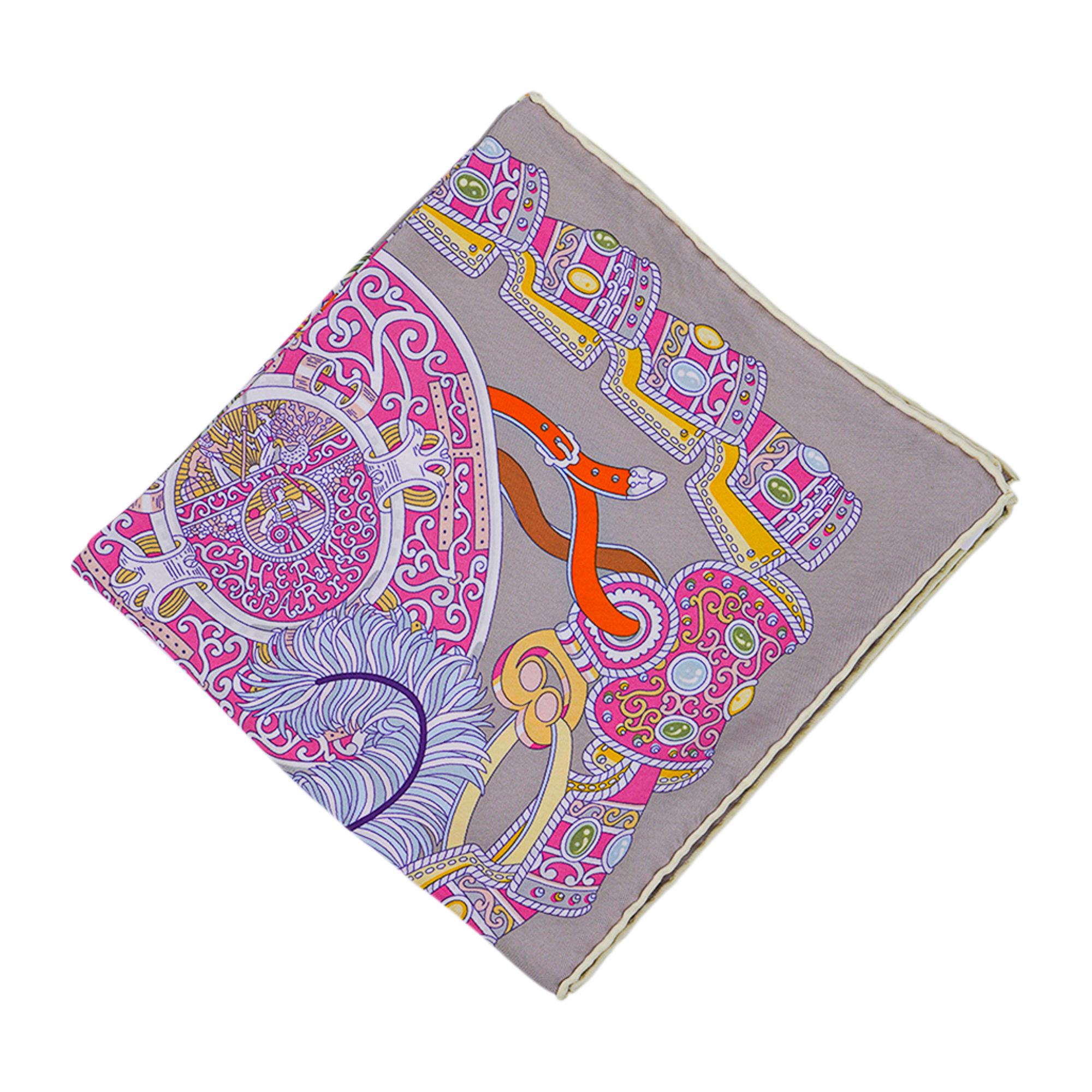 Gray Hermes Sous l'Egide de Mars Wash Scarf Gris Nacre / Rose / Vert Silk 90 cm For Sale