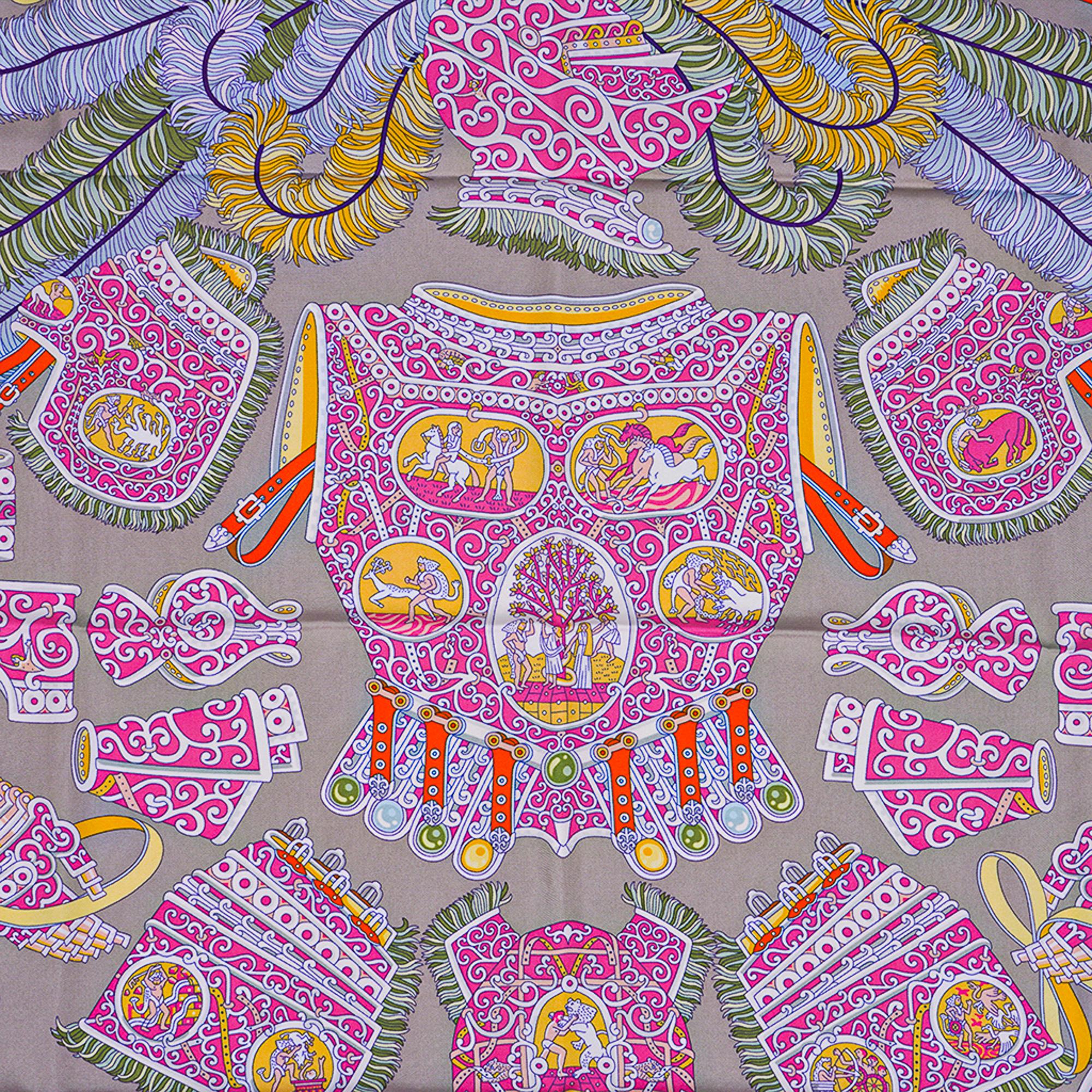 Women's Hermes Sous l'Egide de Mars Wash Scarf Gris Nacre / Rose / Vert Silk 90 cm