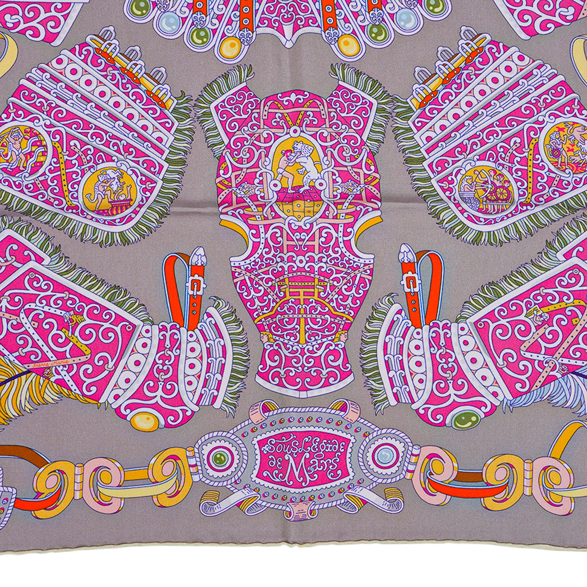 Hermes Sous l'Egide de Mars Wash Scarf Gris Nacre / Rose / Vert Silk 90 cm 2