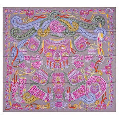 Hermes Sous l'Egide de Mars Wash Scarf Gris Nacre / Rose / Vert Silk 90 cm