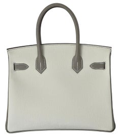 Hermès Sonderbestellung  Birkin 30 Craie und Gris Asphalt gebürstete Goldbeschläge