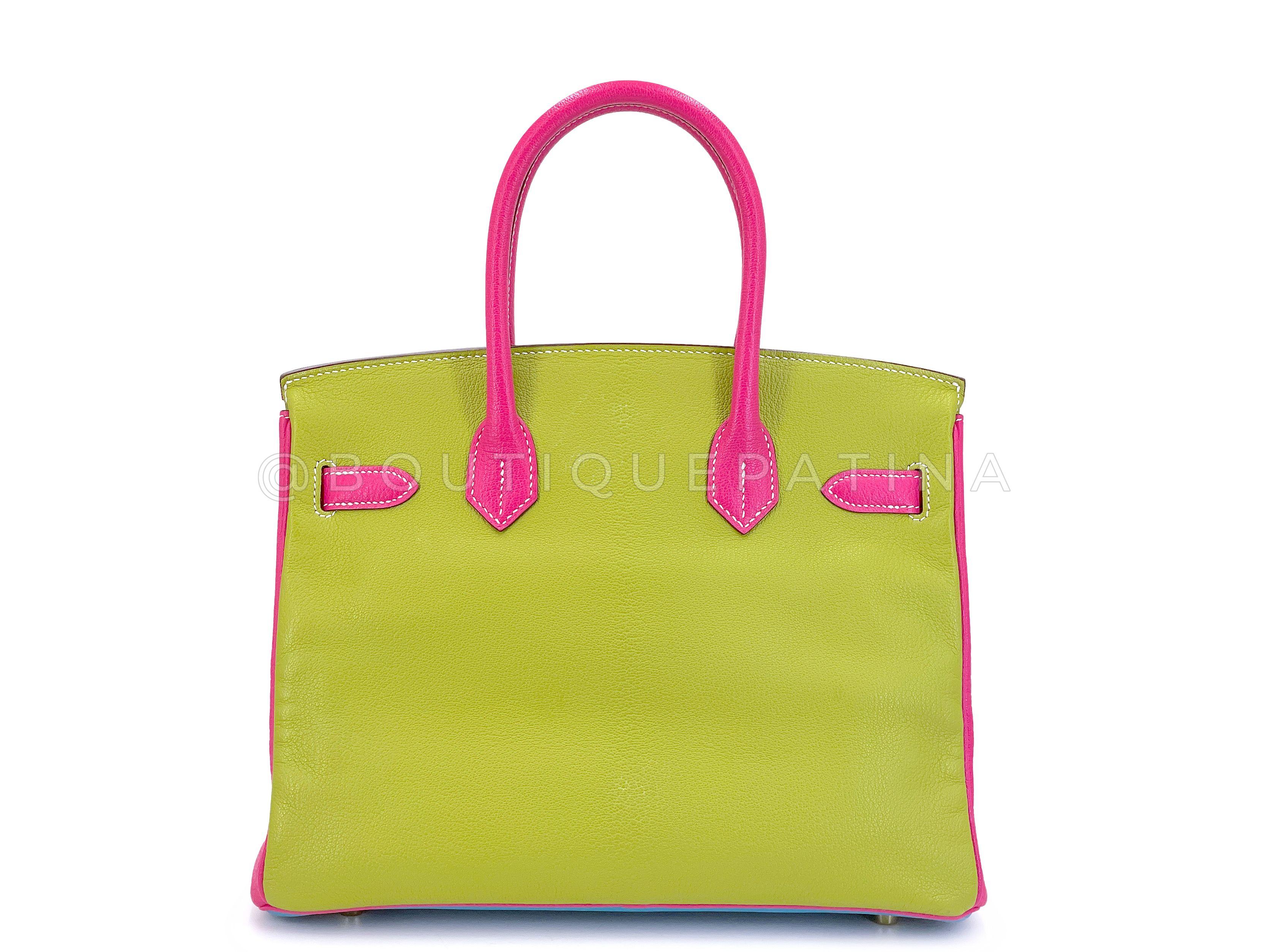 Women's Hermès Special Order Chèvre 30cm Birkin Brushed Gold Pink Green Blue Bag 68121 For Sale
