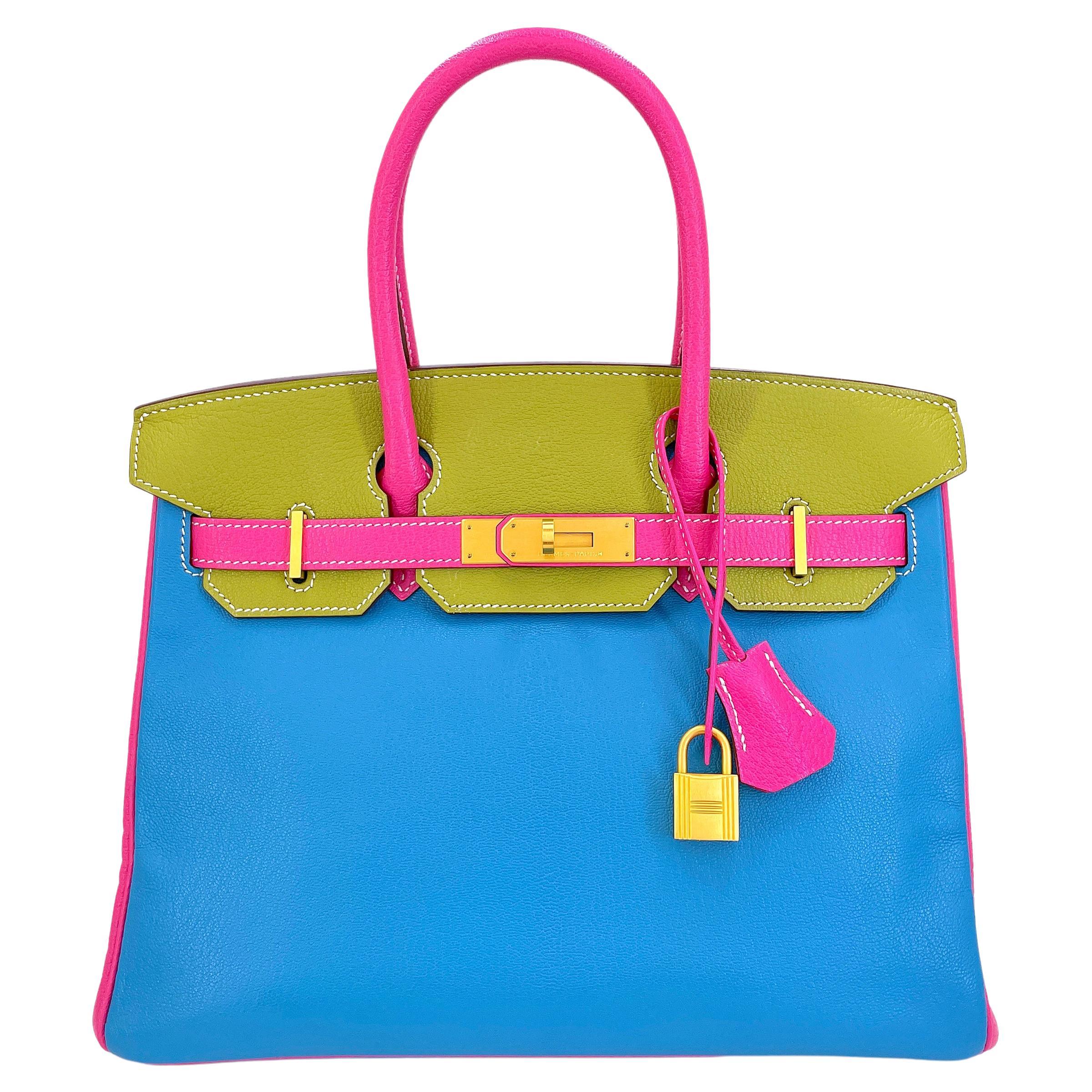 Hermès Special Order Chèvre 30cm Birkin Brushed Gold Pink Green Blue Bag 68121 For Sale