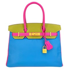 Used Hermès Special Order Chèvre 30cm Birkin Brushed Gold Pink Green Blue Bag 68121
