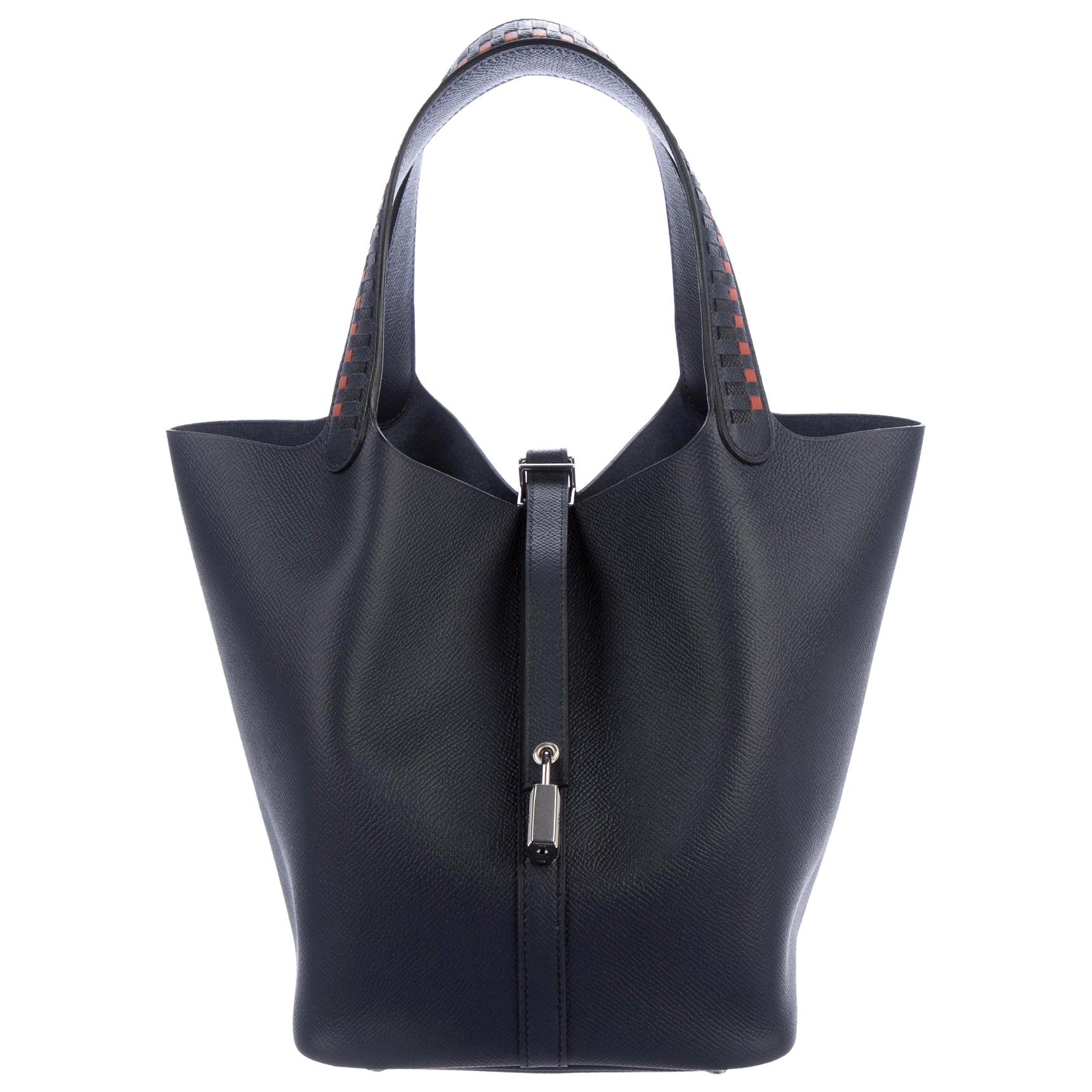 Hermes Special Order Dark Blue Leather Orange Top Handle Satchel Bag in Box