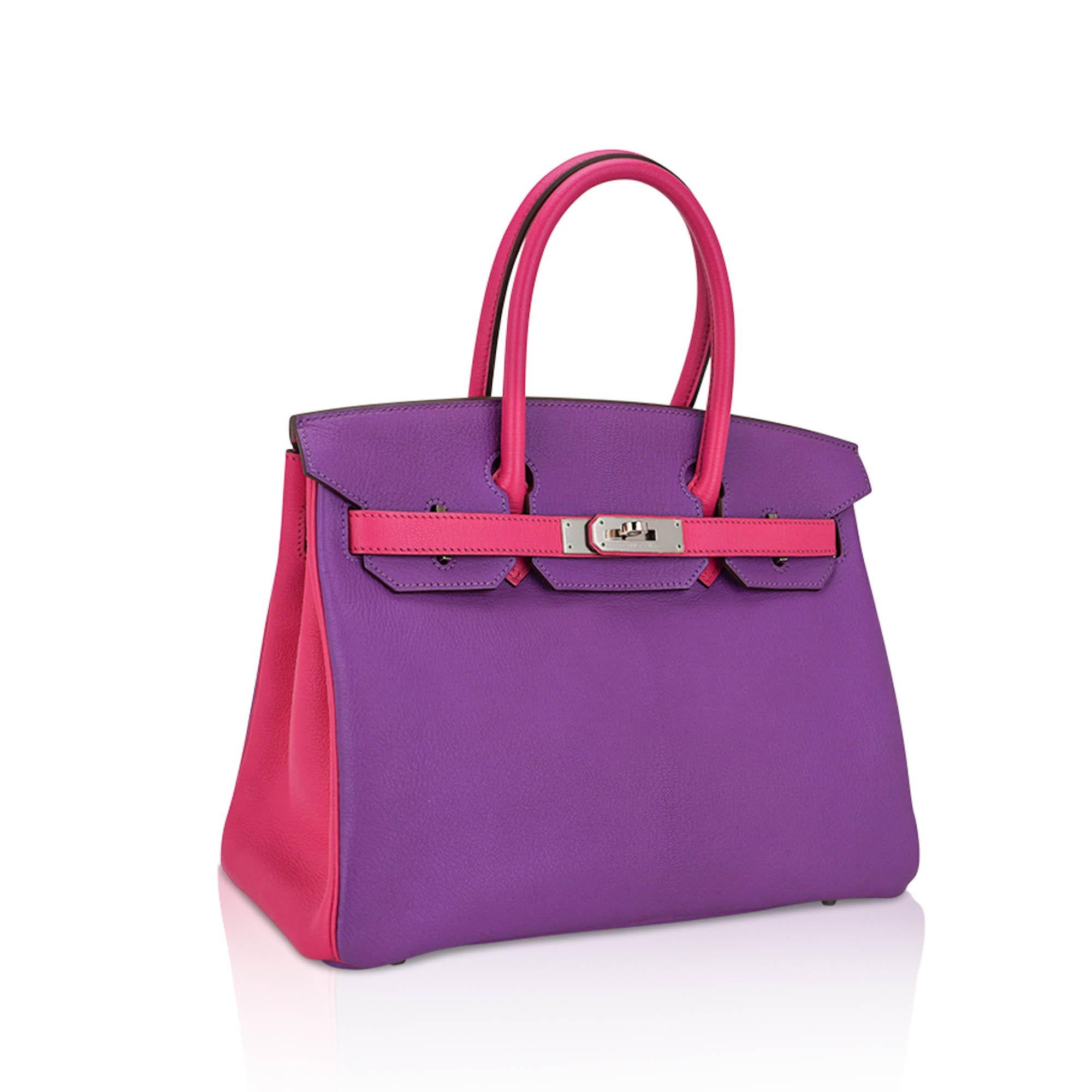 Mightychic offers an Hermes Birkin 30 HSS special order bag features coveted rare Parme and Rose Shocking.
Hermes Parme is a rich, vibrant purple with a subtle hint of pink, making it both striking and attention-grabbing.
This versatile hue can be