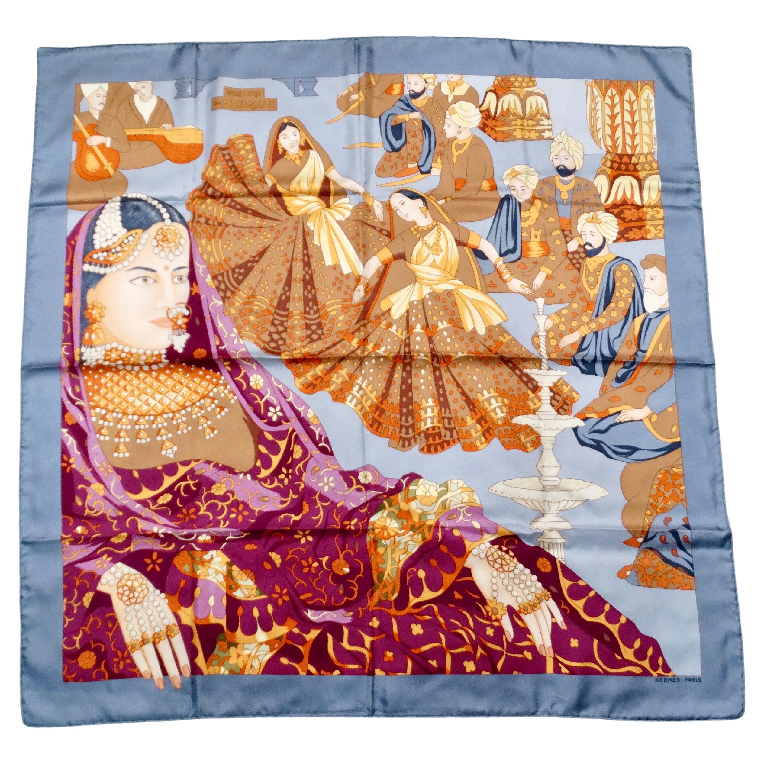 Hermes "Splendeur des Maharajas" 90 cm Grey Silk Printed Scarf For Sale