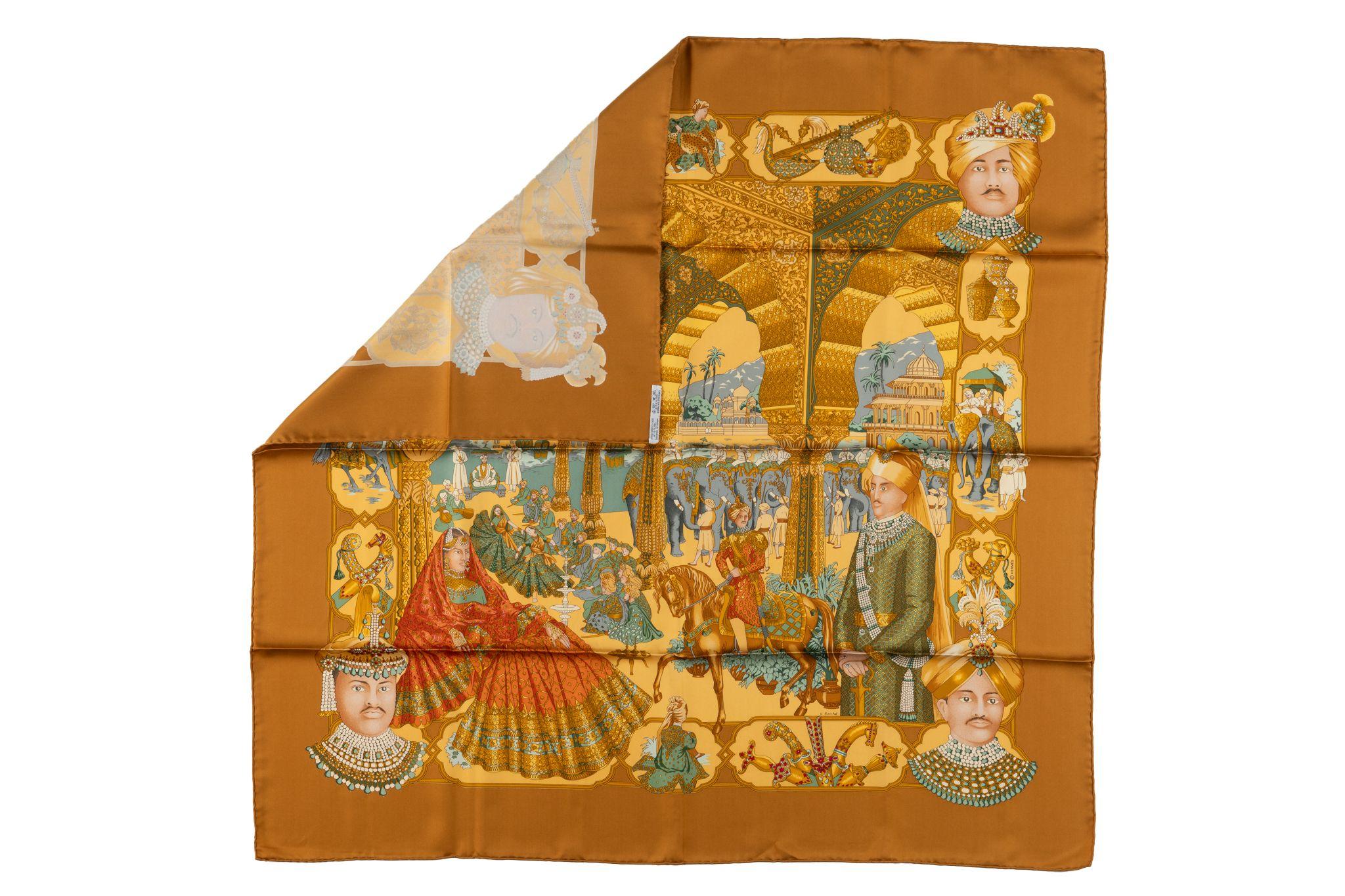 This Hermès, a 'Splendeur des Maharajas' twill silk scarf, was designed by Catherine Baschet in 1996. The scarf is 100% silk and features hand-rolled edges. Comes with no box.