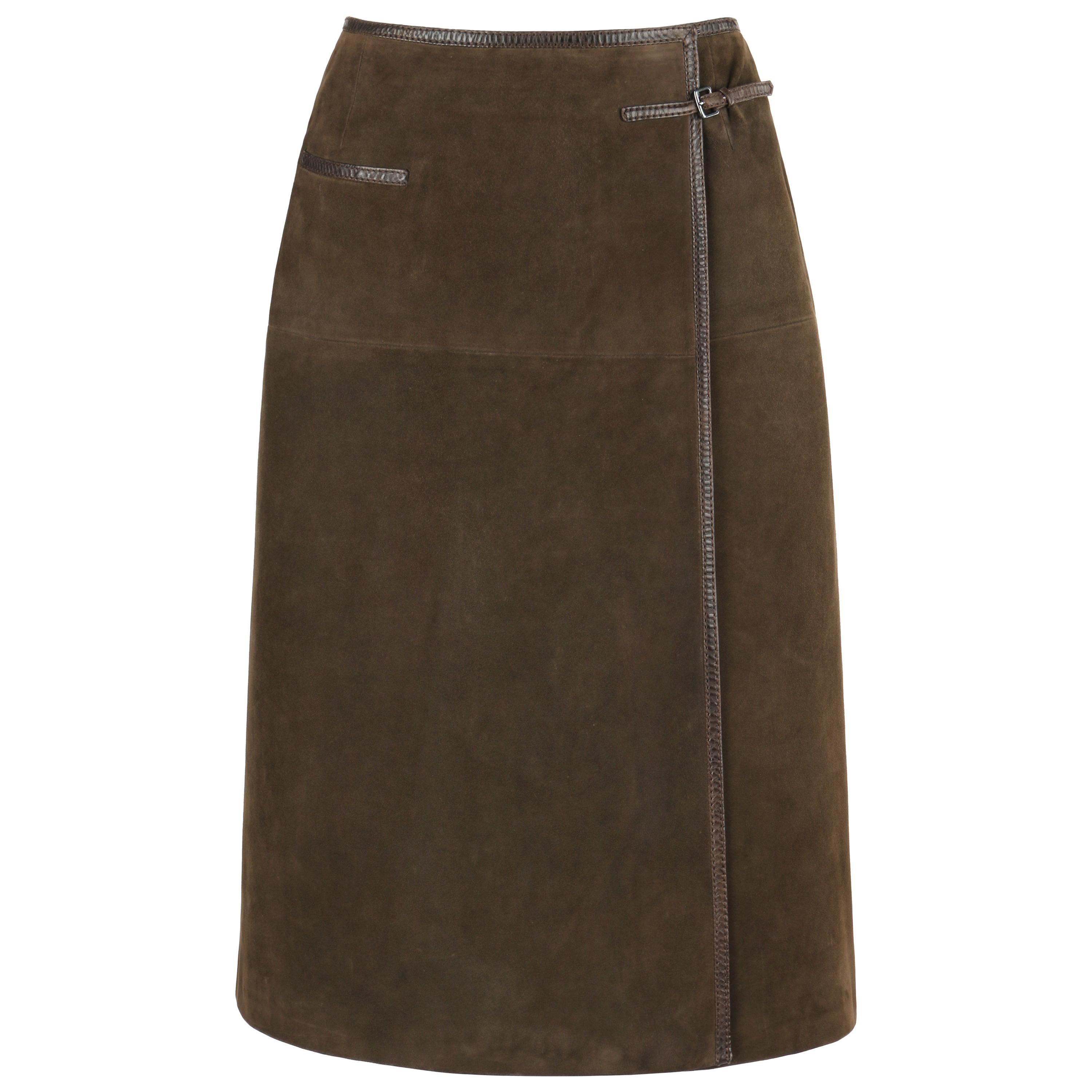 HERMES Sport c.1970's Brown Suede Classic Leather Wrap Skirt