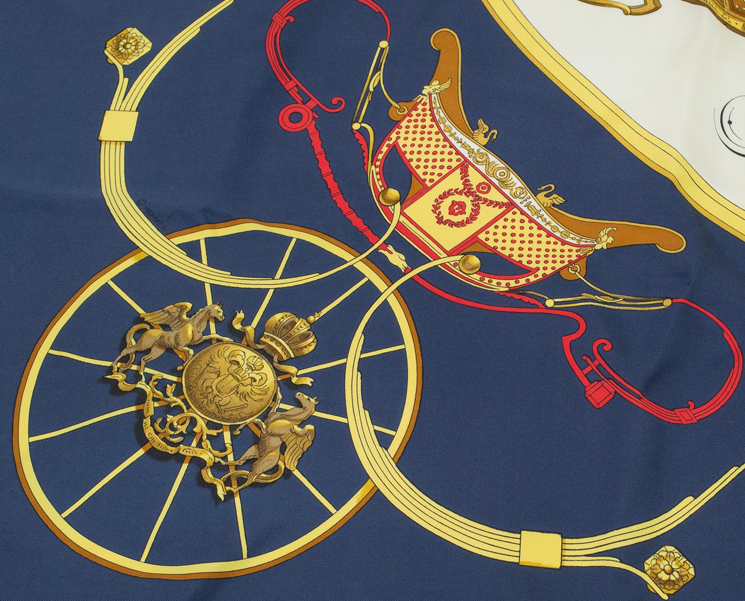 Hermès Springs Navy Silk Twill Carriage Print Scarf, Philippe Ledoux–90 cm, 1974 7