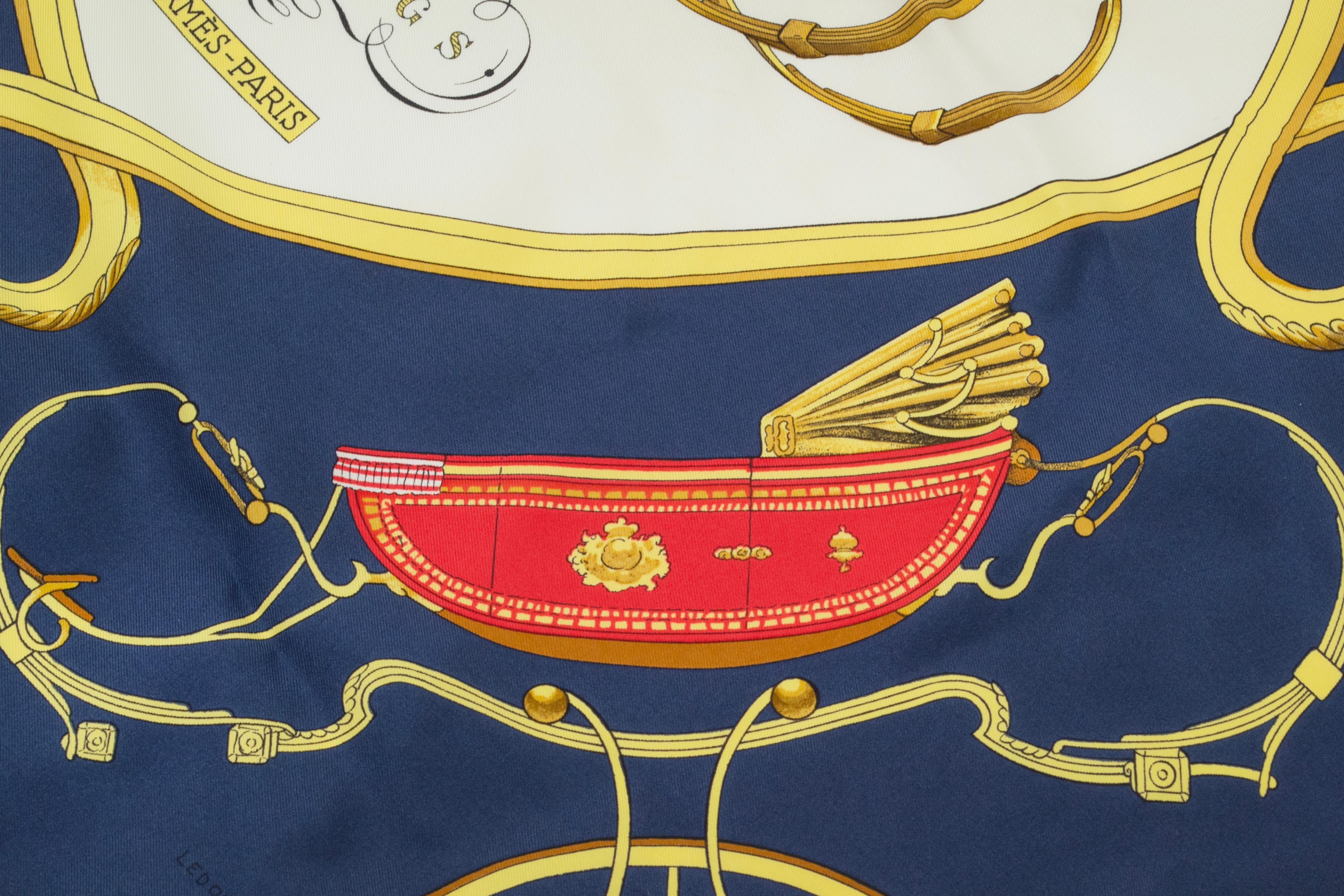 Hermès Springs Navy Silk Twill Carriage Print Scarf, Philippe Ledoux–90 cm, 1974 For Sale 10